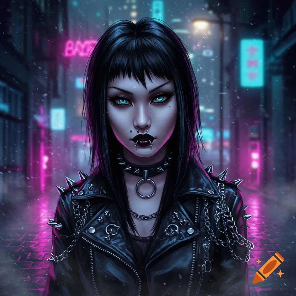 Gothic punk woman with glowing blue eyes, spiked jacket, and facial piercings in a neon cyberpunk city street.