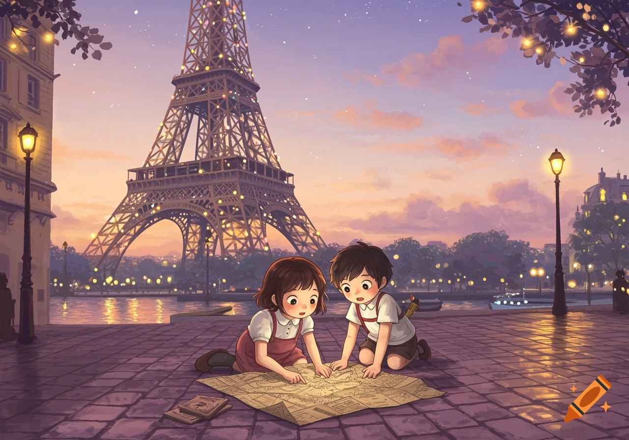 Two anime children examine a map on a cobblestone street with the illuminated Eiffel Tower in Paris at sunset.