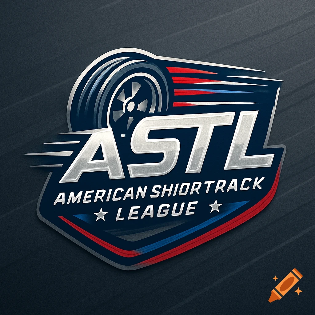 A dynamic logo for the 'ASTL American Shiortrack League' featuring a stylized car wheel and speed lines in red, white, and blue.