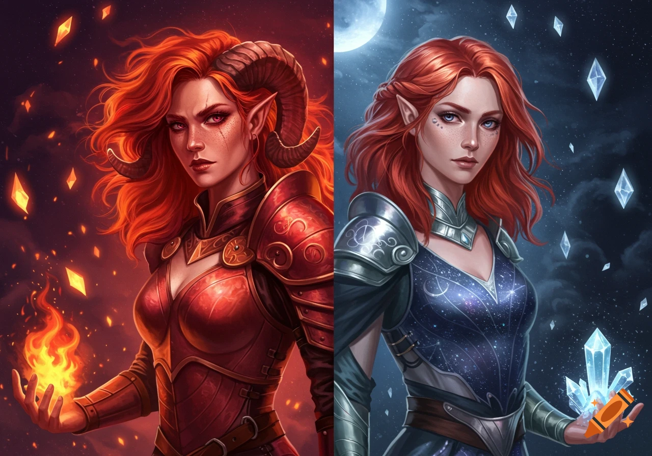 A split fantasy image of two red-haired women: one a horned warrior in red armor with fire, the other an elf in blue armor with crystals.