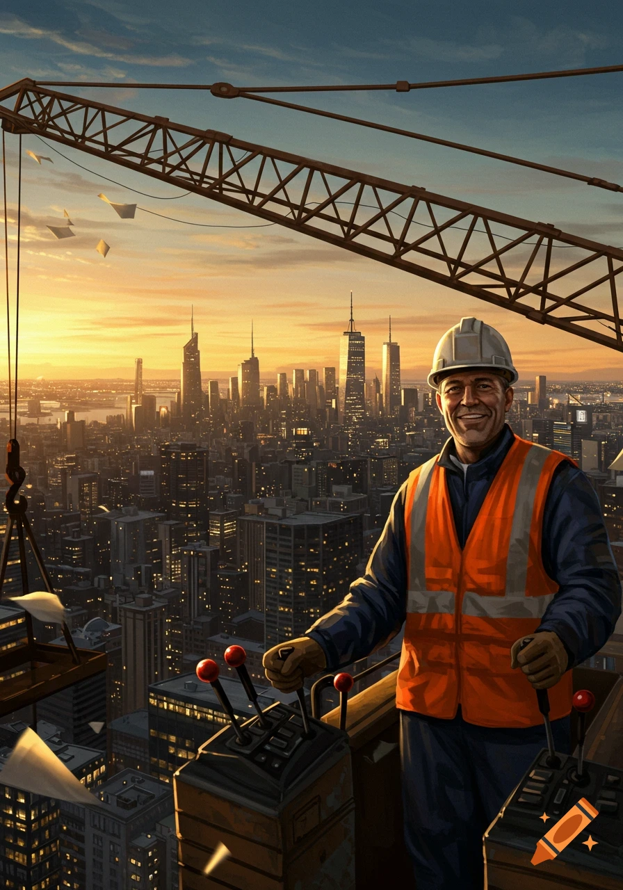 Smiling crane operator in a hard hat and safety vest overlooking a city skyline at sunset from a construction crane.