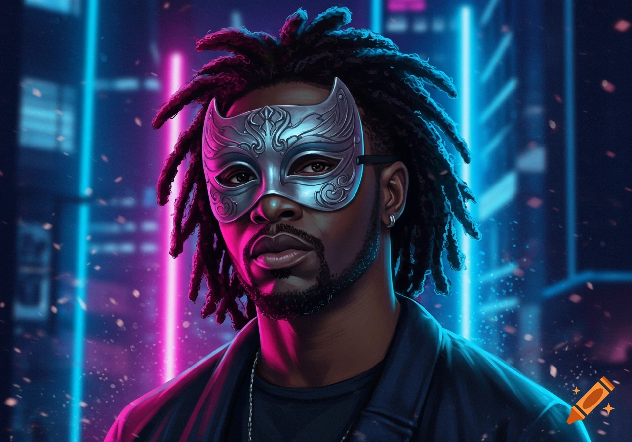 A man with dreadlocks wearing a silver mask in a neon-lit futuristic city.