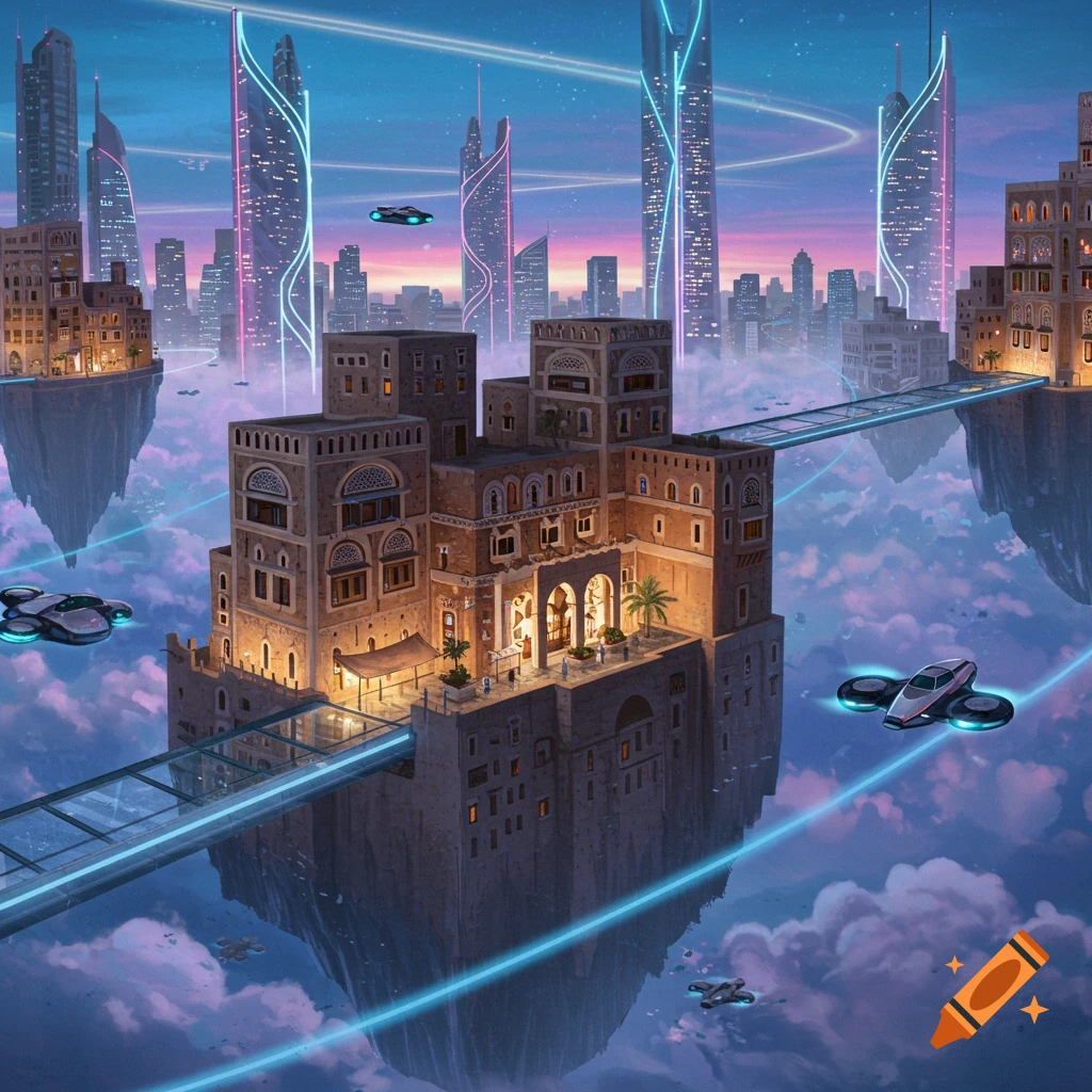 Floating traditional Yemeni city in the sky, with glass bridges, flying vehicles, and neon-lit futuristic skyscrapers at sunset.