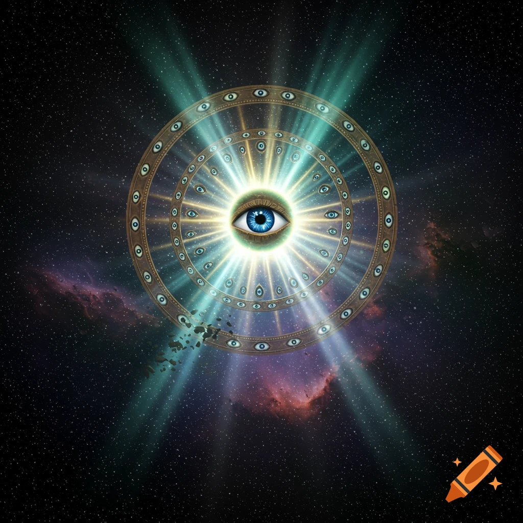 A cosmic image of a large blue eye at the center of concentric golden rings, adorned with many smaller eyes, radiating light in a starry nebula field.
