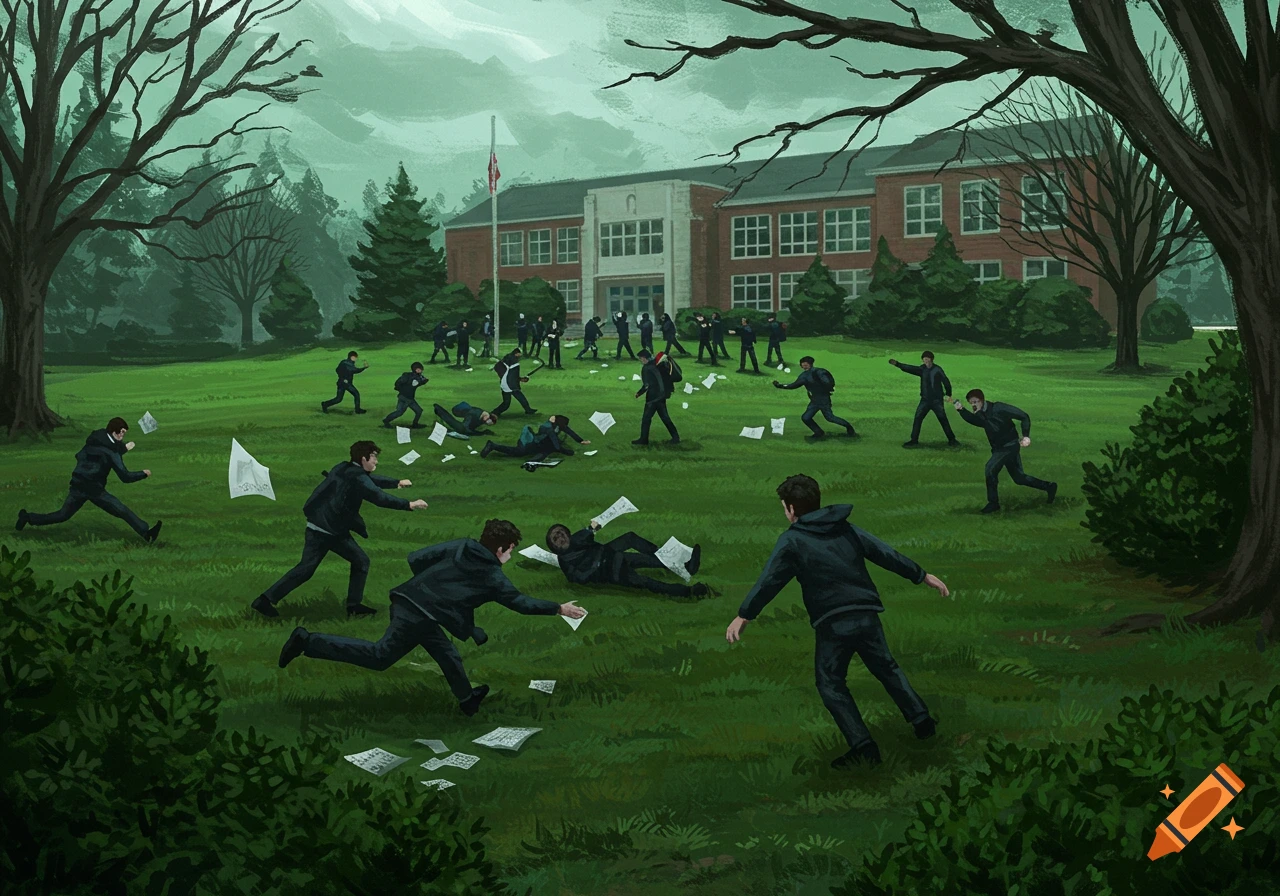 An illustration of a chaotic riot on a grassy lawn in front of a red brick high school, with many dark-clad figures running and papers scattered.