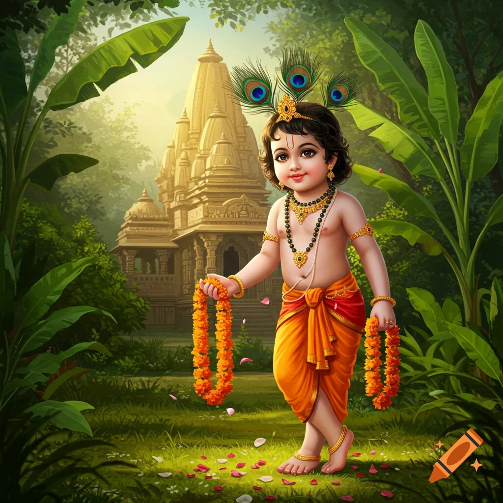 Vibrant digital art of a young child, Bal Ghanshyam (Krishna), adorned with peacock feathers and jewelry, holding marigold garlands in a lush forest with a Hindu temple.