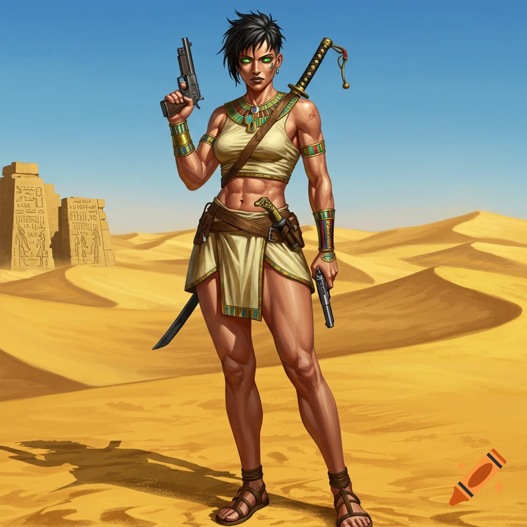 A muscular woman with short dark hair and green eyes, dressed in Egyptian-style attire, holding two pistols, standing in a desert with ruins.