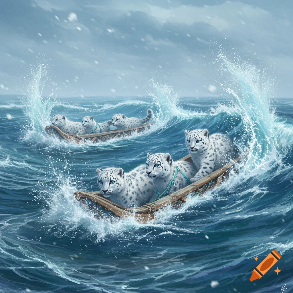 Illustration of snow leopards in small wooden boats navigating a stormy, wavy ocean with snow falling.