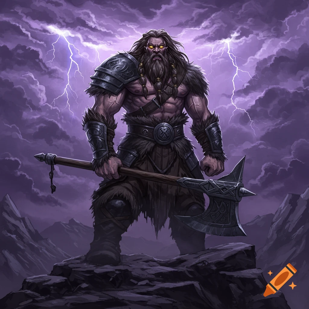 A muscular fantasy warrior with long hair, beard, yellow eyes, and fur armor holds an axe on a rocky summit under a stormy purple sky.