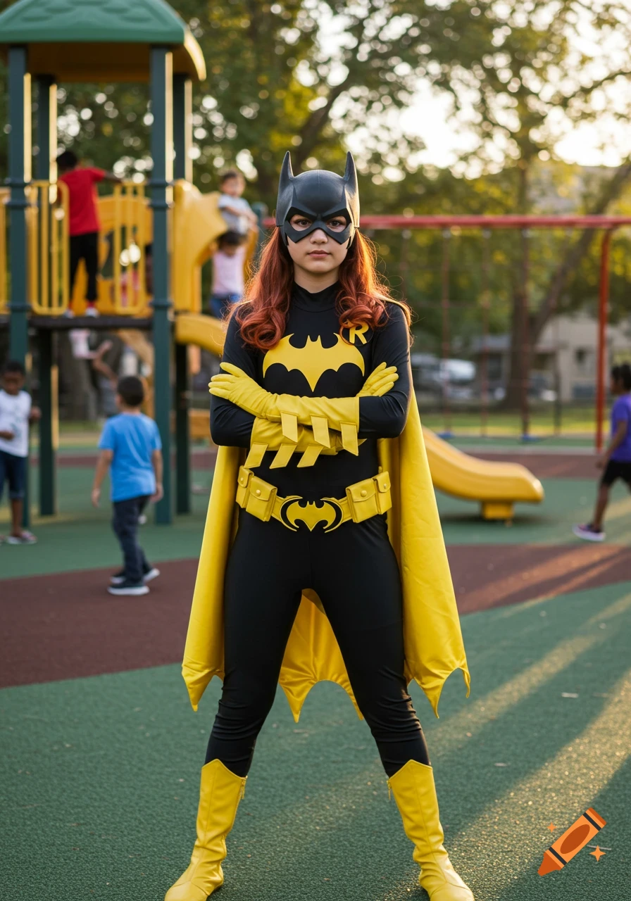 A person dressed as Batgirl with a yellow cape and bat symbol stands at a playground. Photorealistic.