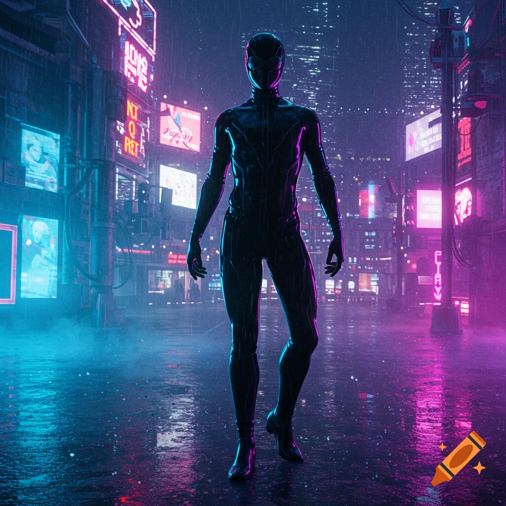 A person in a sleek black latex suit stands in a neon-lit, rainy cyberpunk city.