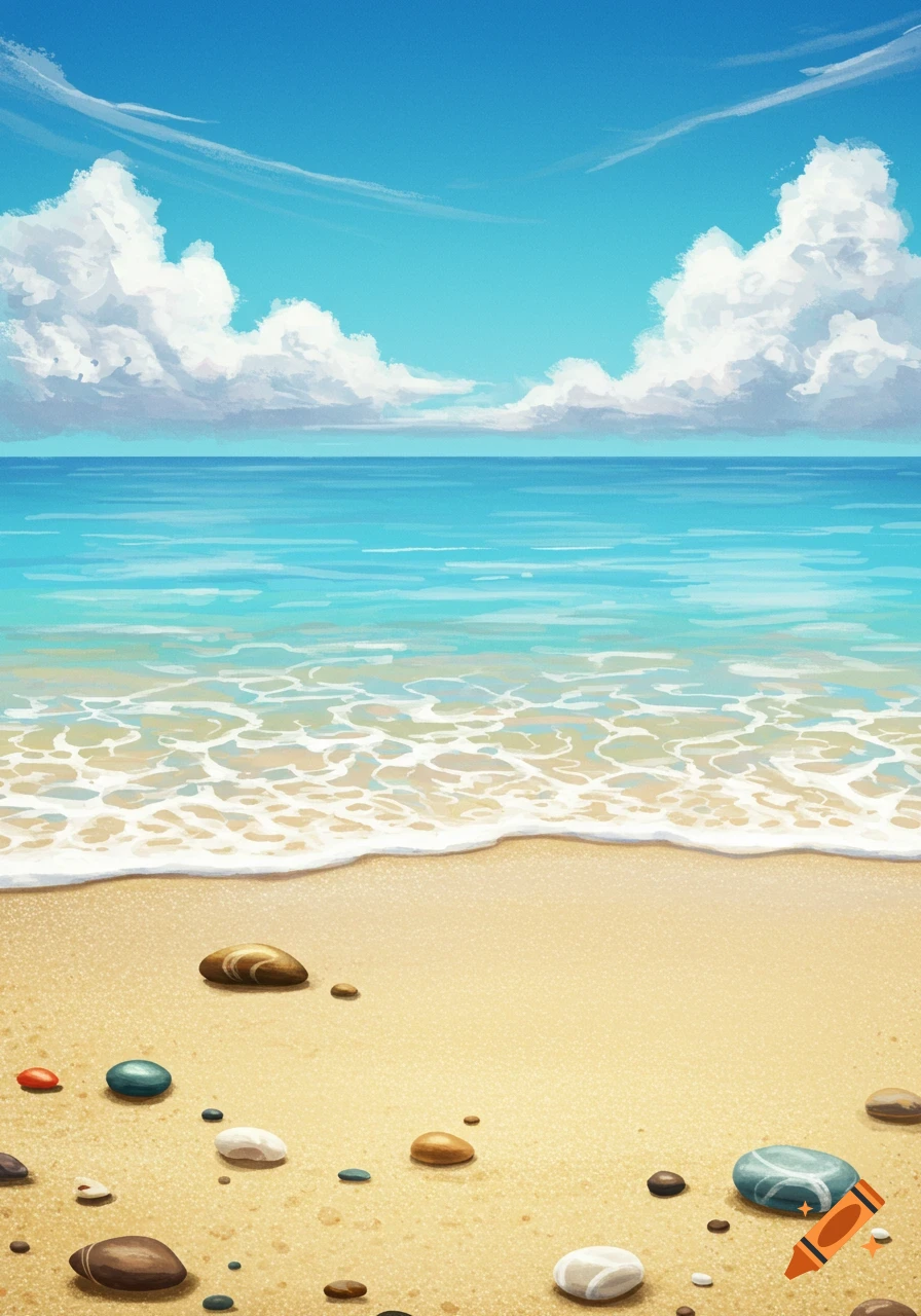 A vibrant painted beach scene featuring a clear blue sky, a calm blue ocean with gentle waves, a sandy shore, and colorful pebbles.