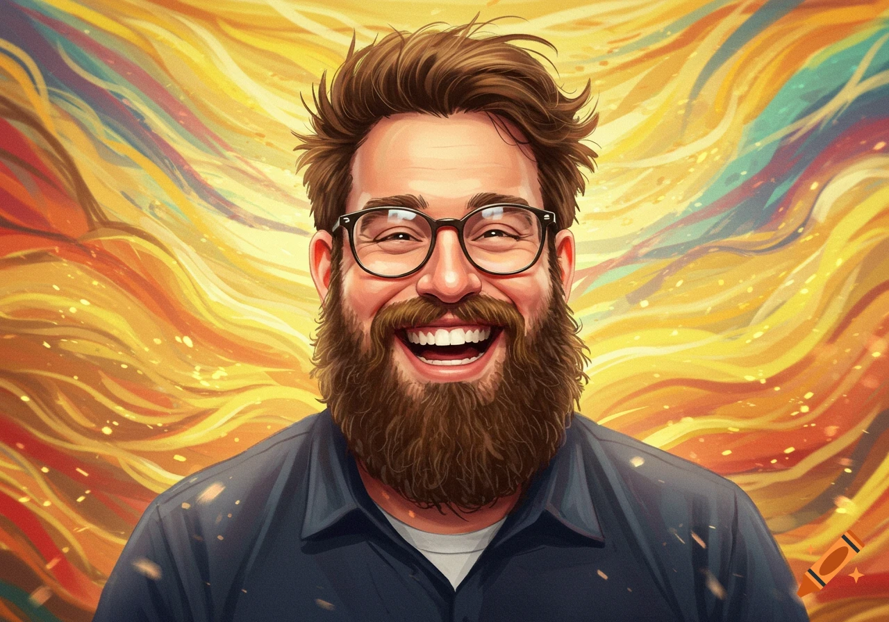 A smiling man with a large brown beard and glasses against a vibrant, swirling yellow and orange background in an illustrative style.