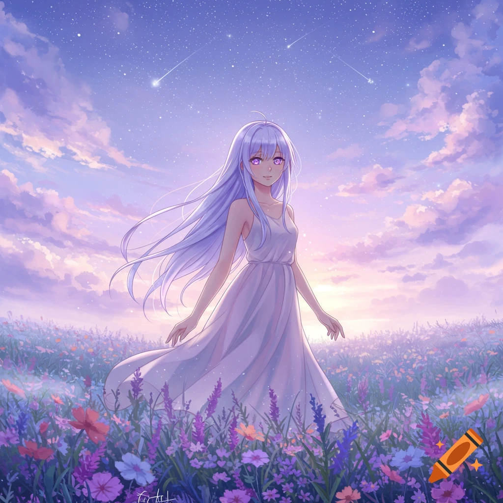 Anime girl with long purple hair and purple eyes stands in a field of colorful flowers under a starry, twilight sky.