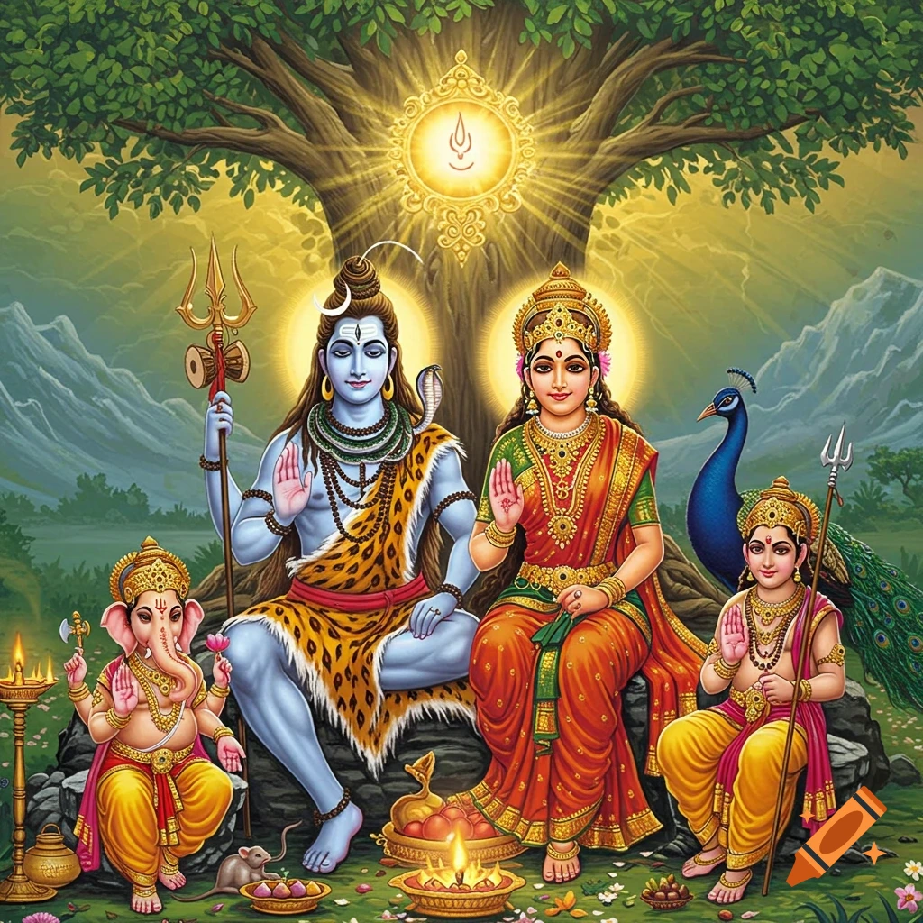Lord Shiva and Goddess Parvati with their sons Ganesha and Kartikeya, seated under a glowing tree in traditional Indian devotional art style.