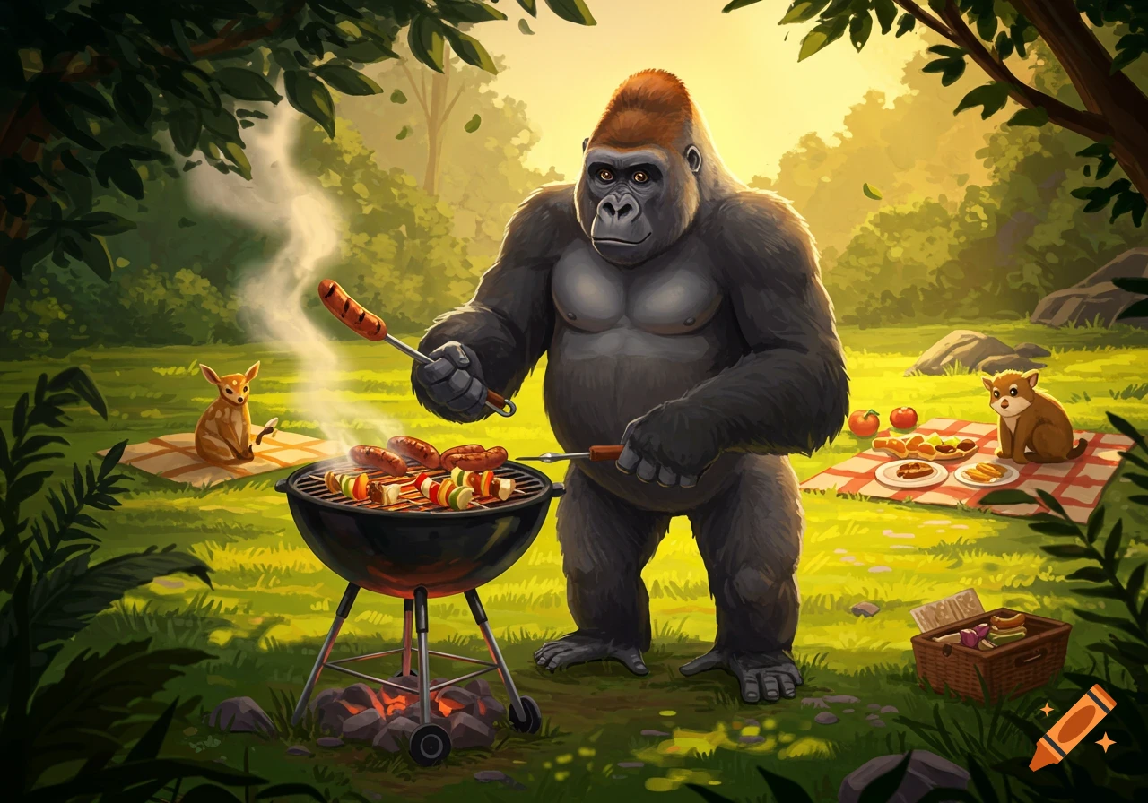 A cartoon gorilla grilling hotdogs and skewers on a BBQ in a sunny grassy forest, with two small animals watching from picnic blankets.