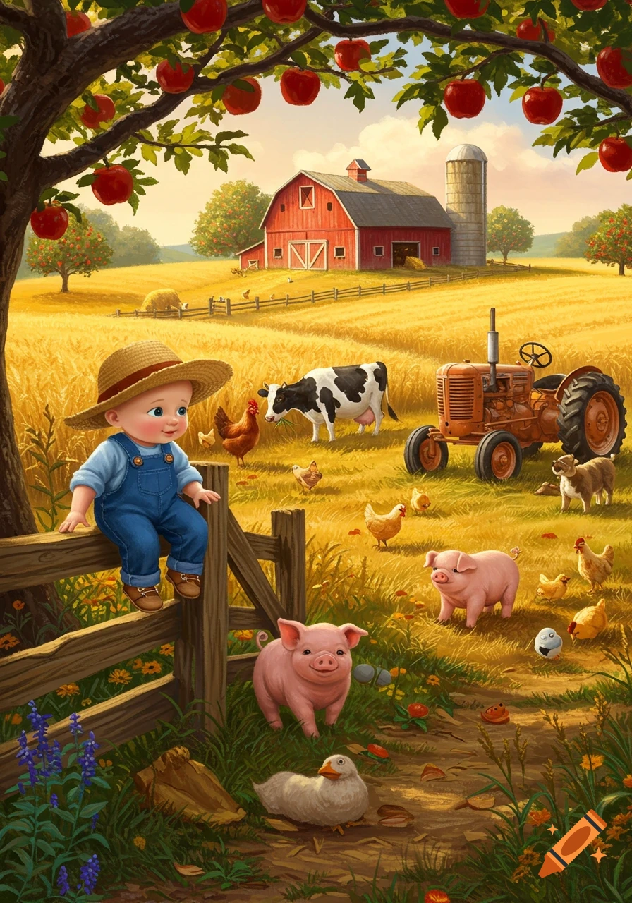 A cute baby on a farm fence surrounded by pigs, chickens, a cow, duck, and dog. A red barn and fields are in the background under an apple tree.