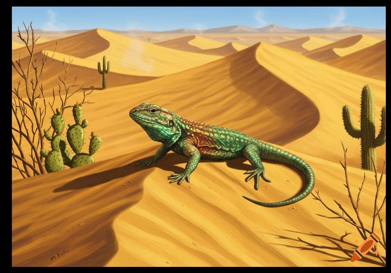 A green and red lizard on a sandy dune in a desert landscape with cacti under a blue sky, in an illustrative style.