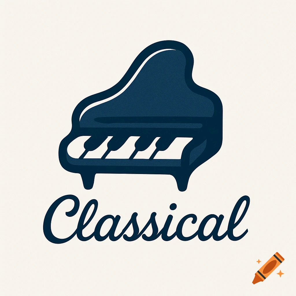 A simplistic, cartoonish navy blue grand piano logo with the word 'Classical' in script below it.
