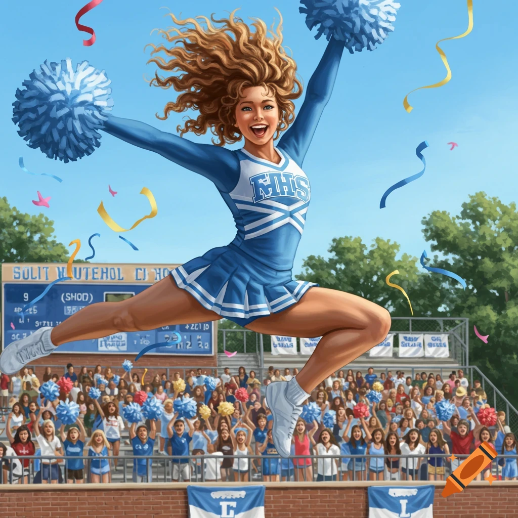 An illustration of a smiling cheerleader in a blue and white uniform, jumping high with pom-poms over a stadium filled with spectators.