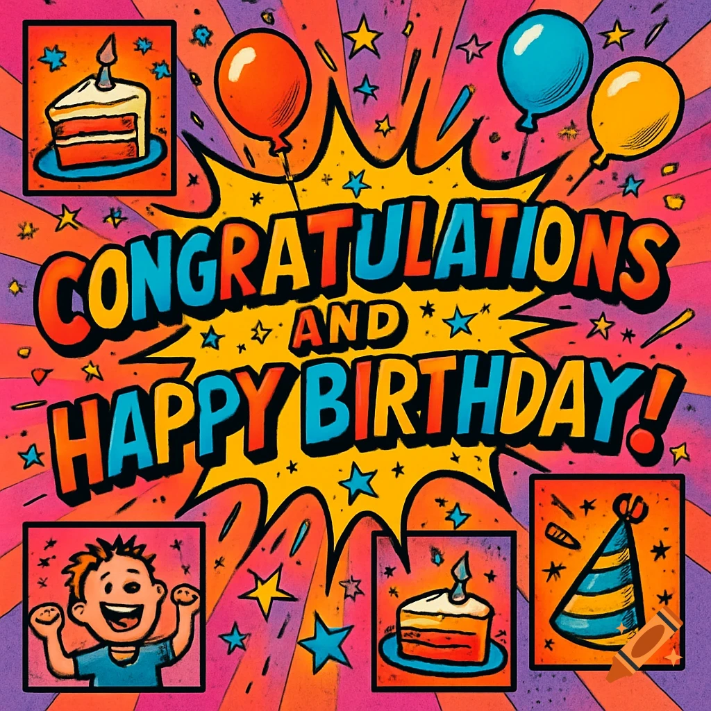 Comic art style birthday greeting with "CONGRATULATIONS AND HAPPY BIRTHDAY!" text, balloons, cake slices, and a happy child.