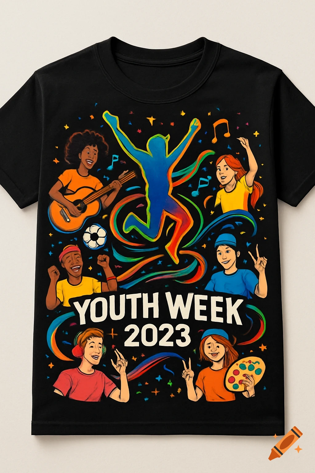 Colorful cartoon on a black t-shirt featuring diverse youth celebrating with music, art, and sports, with 'YOUTH WEEK 2023' text.