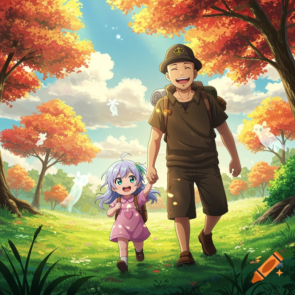 Anime style artwork of a cheerful man and a little girl holding hands, walking through a sunny autumn forest with floating spirit creatures.