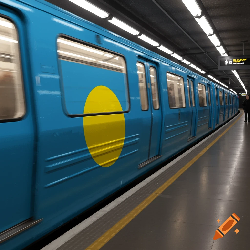 A blue subway train with the yellow circle of the Palau flag on its side, stopped at a station platform.