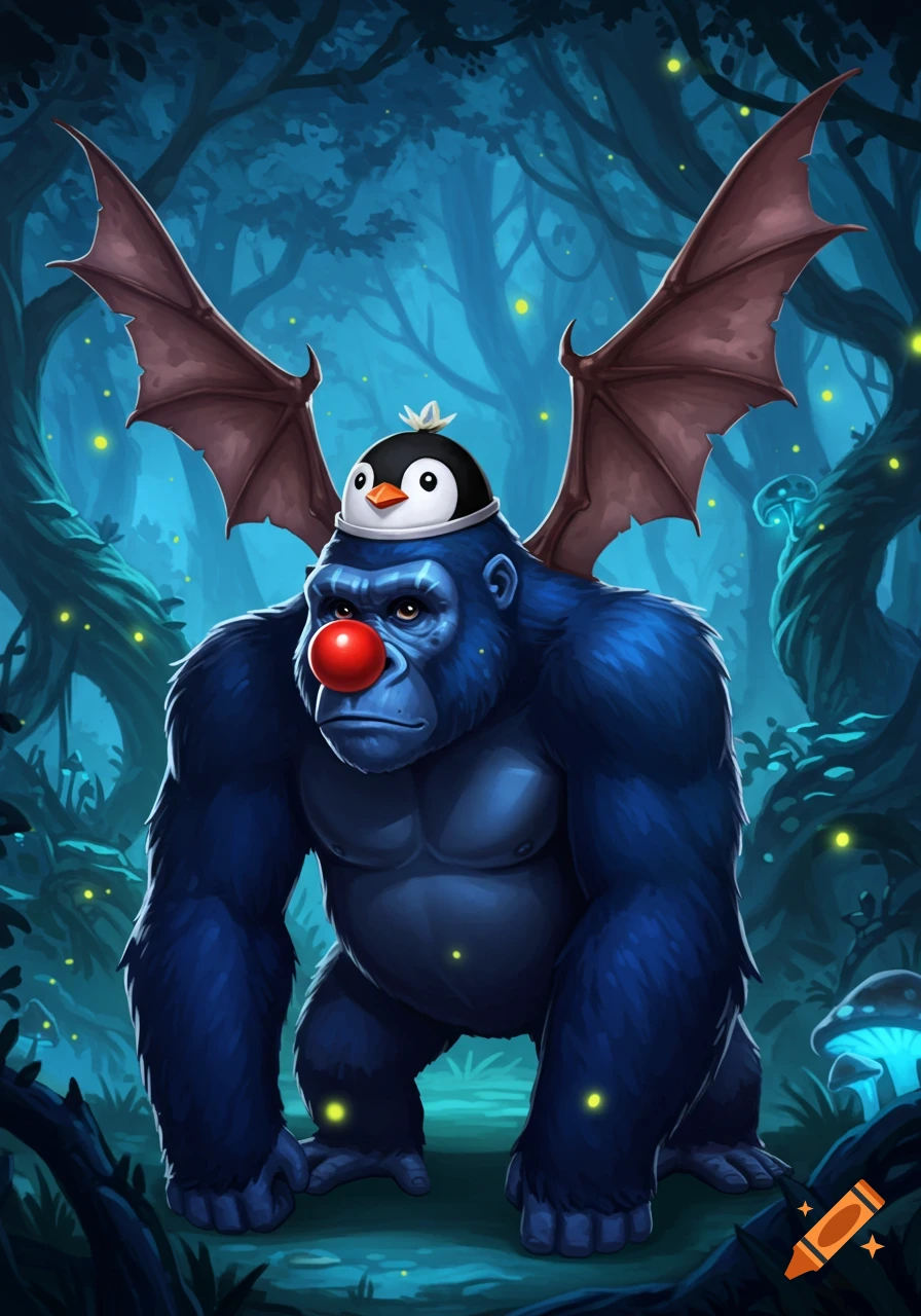 A dark blue cartoon gorilla character with a red clown nose, a penguin hat, and bat wings stands in a glowing, dark forest.