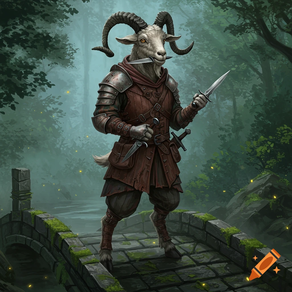 A fantasy goat character in rogue armor holds daggers on a mossy stone bridge in a misty forest. One dagger is in its mouth.