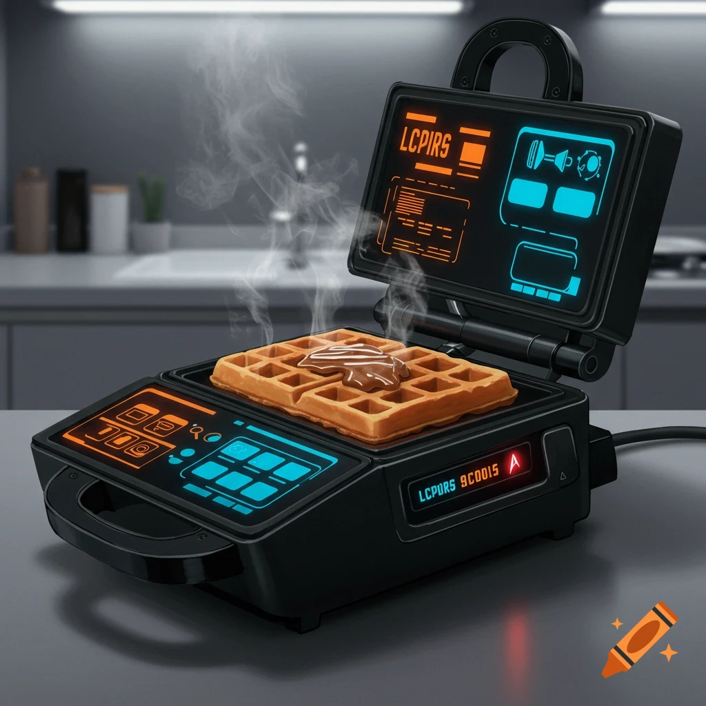 A futuristic black waffle iron with glowing orange and blue screens cooking a golden waffle topped with chocolate sauce and emitting steam in a kitchen setting.