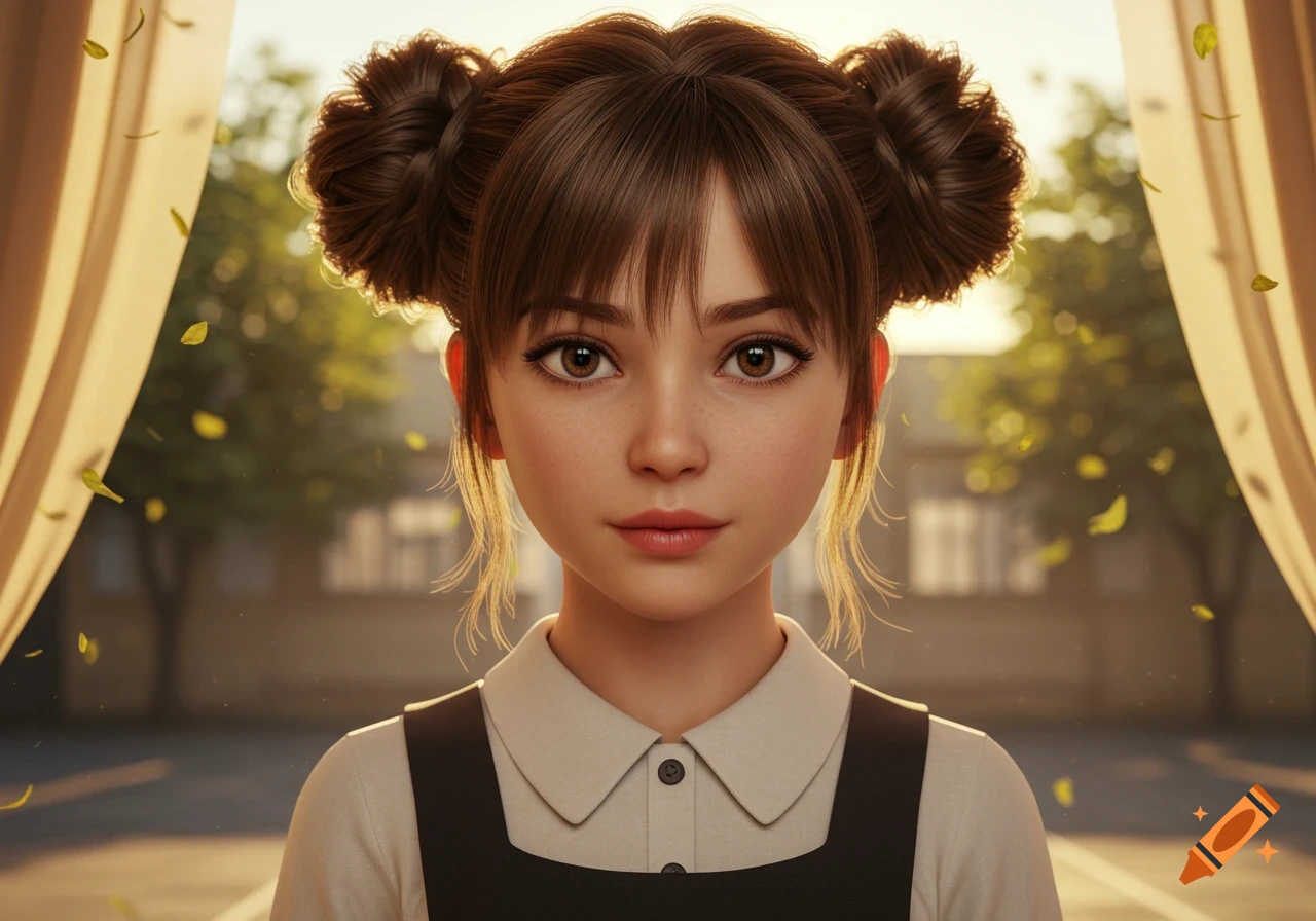 A close-up photorealistic portrait of a young girl with brown hair in space buns and curtain bangs, wearing a school uniform, looking directly forward. Sunlight illuminates her hair, and blurred leaves fall in the background.