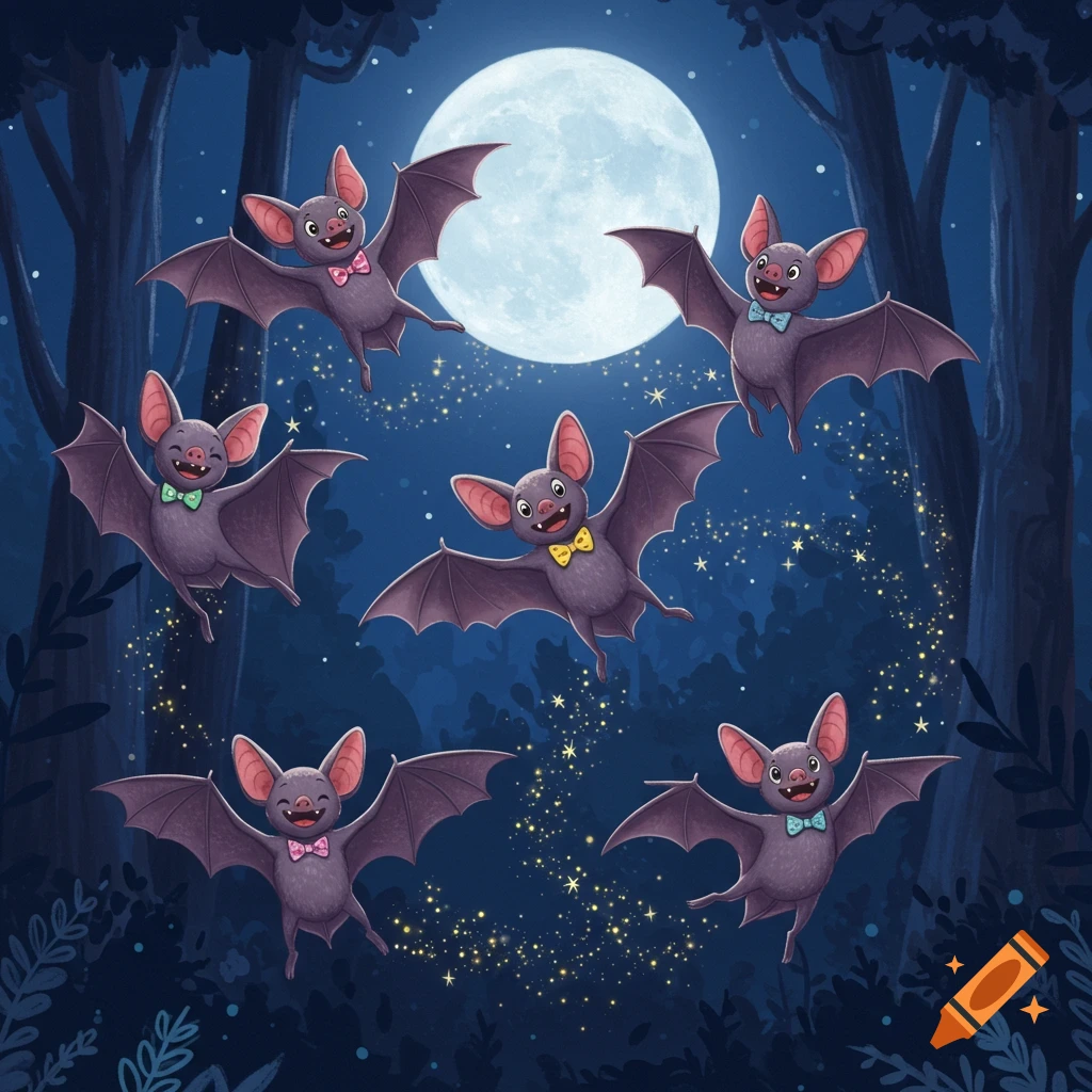 Six happy cartoon bats with bowties fly in a dark forest under a bright full moon, surrounded by sparkling stars.