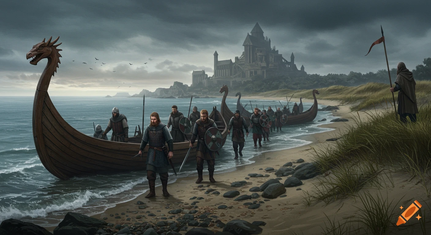 Viking warriors and their longboats landing on a stormy, rocky beach with a large castle in the distance.