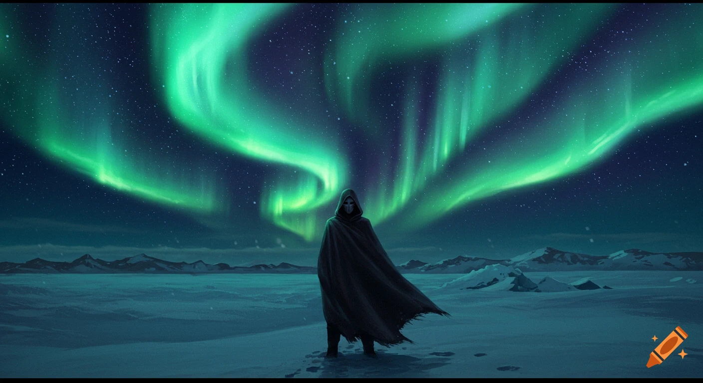 A mysterious hooded figure stands on a snowy tundra under vibrant green northern lights in a night landscape.