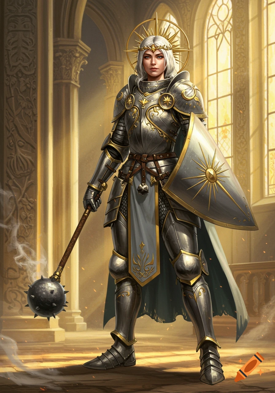 Female cleric in ornate silver and gold full plate armor with a halo, holding a mace and shield in a golden cathedral.