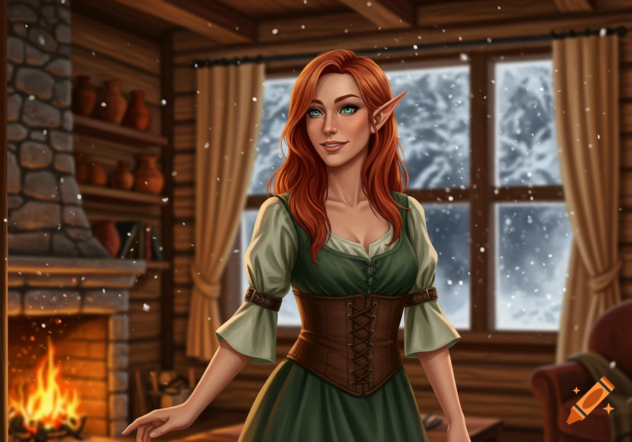 A red-haired half-elf woman with green eyes, wearing a green dress and brown corset, smiles in a cozy cabin by a fireplace as snow falls outside the window.