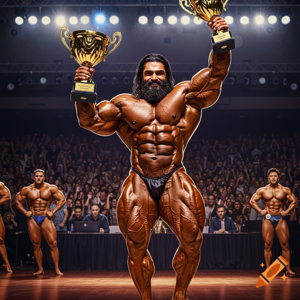 Massively muscular bodybuilder with beard holding two golden trophies on stage with a crowd and other bodybuilders in the background, under dramatic spotlights.