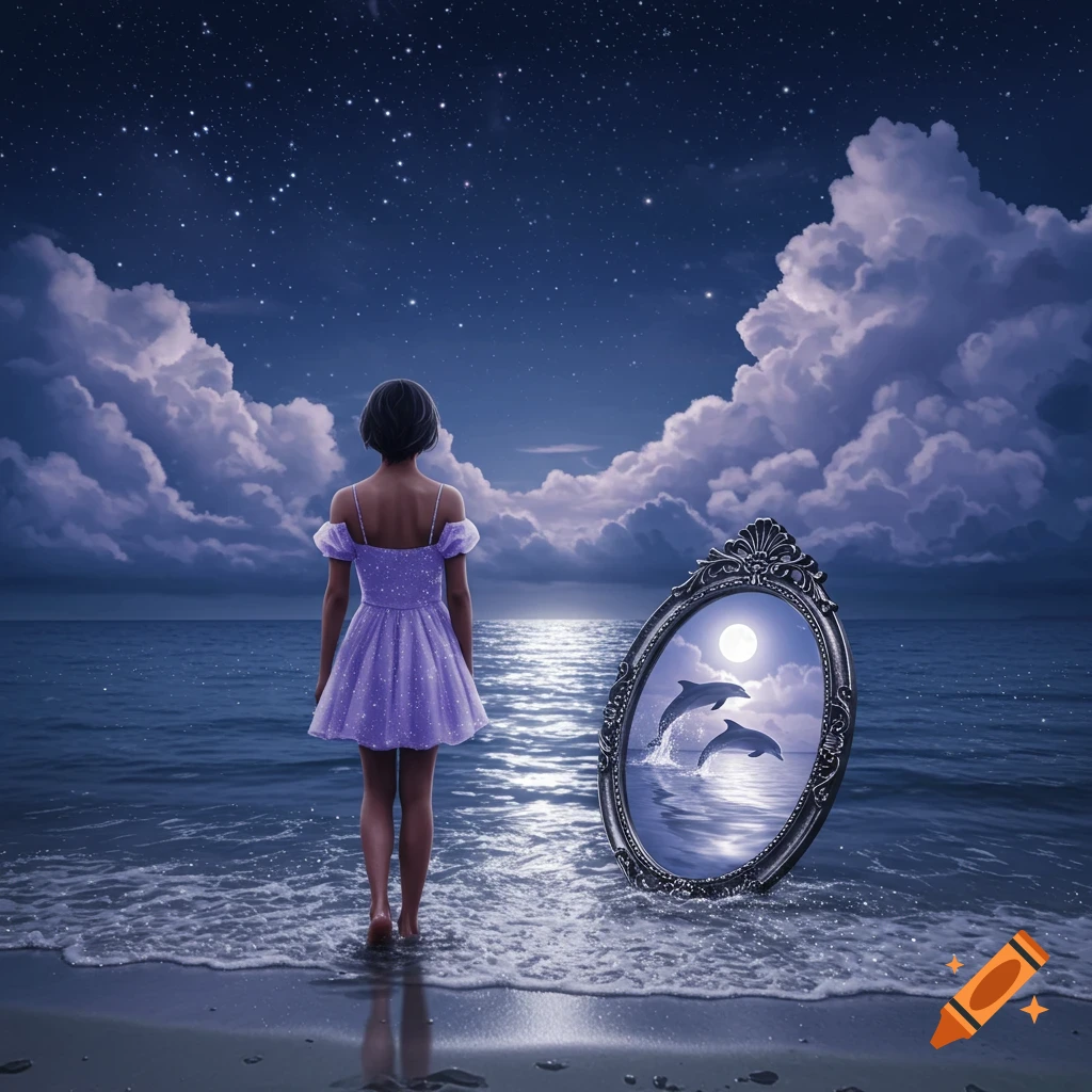A young woman in a lilac dress stands on a beach at night, looking at a mirror reflecting dolphins jumping under a full moon.
