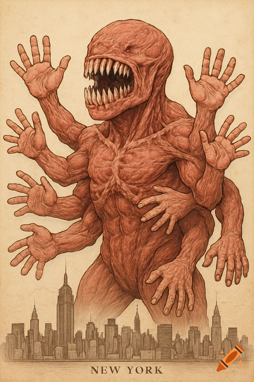 An illustration of a large, muscular, red-skinned monster with a wide, toothy mouth and many arms and hands, standing behind a detailed cityscape, with 'NEW YORK' text below. The style resembles a vintage diagram or poster.