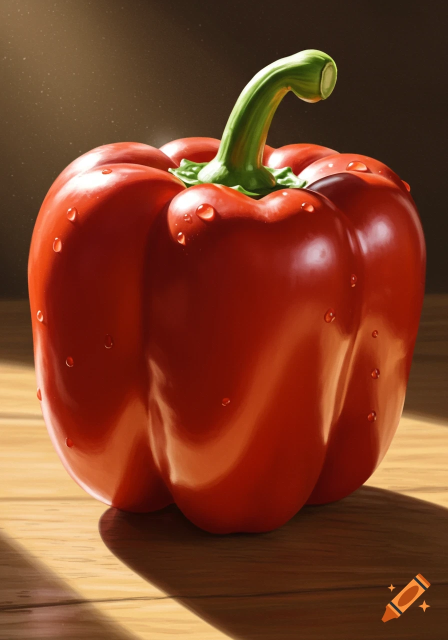 A vibrant red bell pepper covered in water droplets sits on a wooden table, bathed in dramatic light.