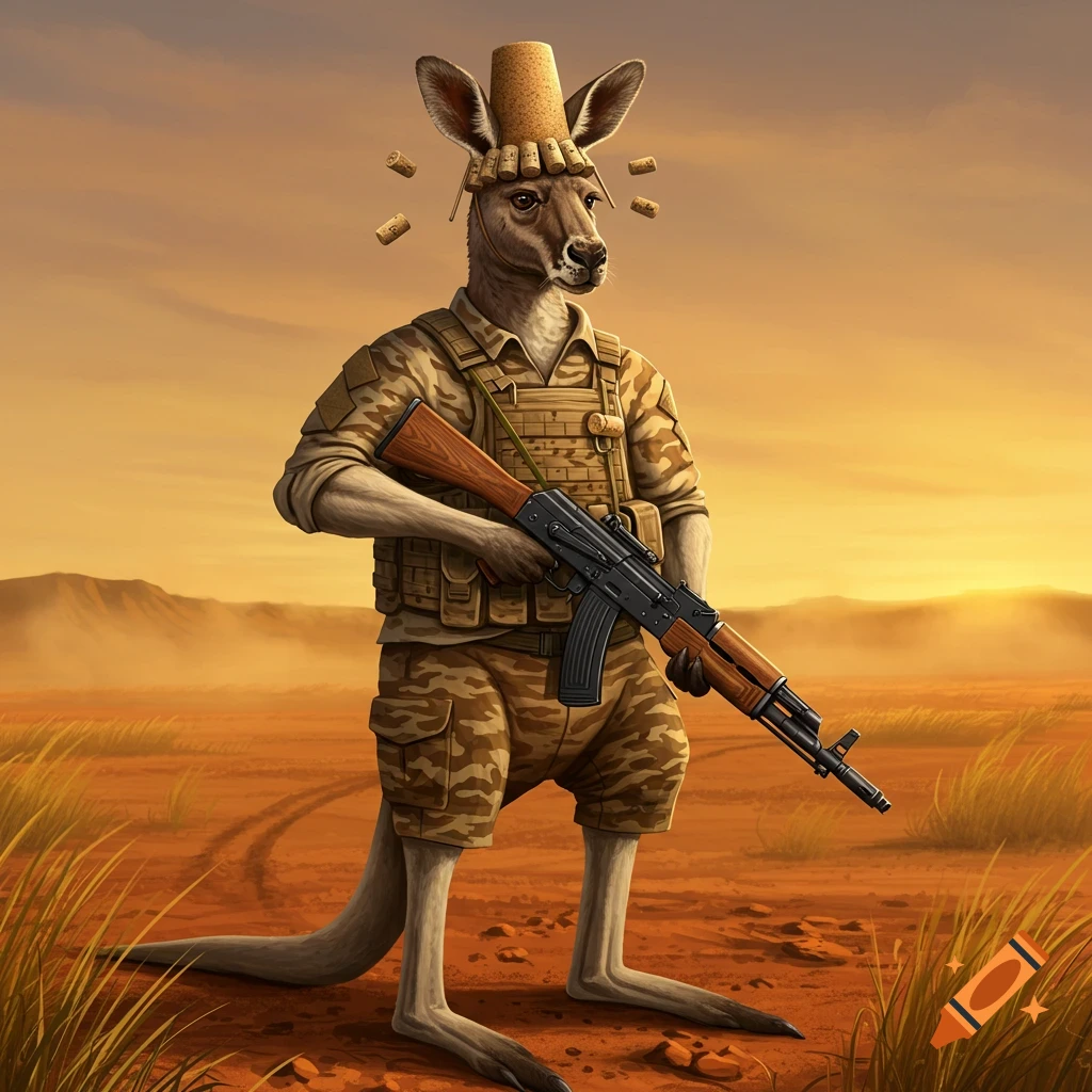 A photorealistic illustration of an anthropomorphic kangaroo in a desert combat uniform, wearing a cork hat, and holding an AK-47 rifle.