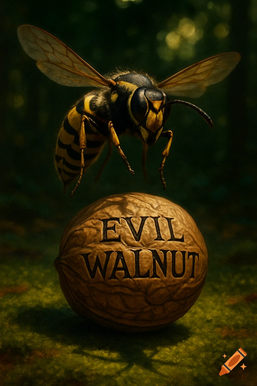 A photorealistic wasp hovers over a walnut with 'EVIL WALNUT' carved into it, against a dark, blurry background.