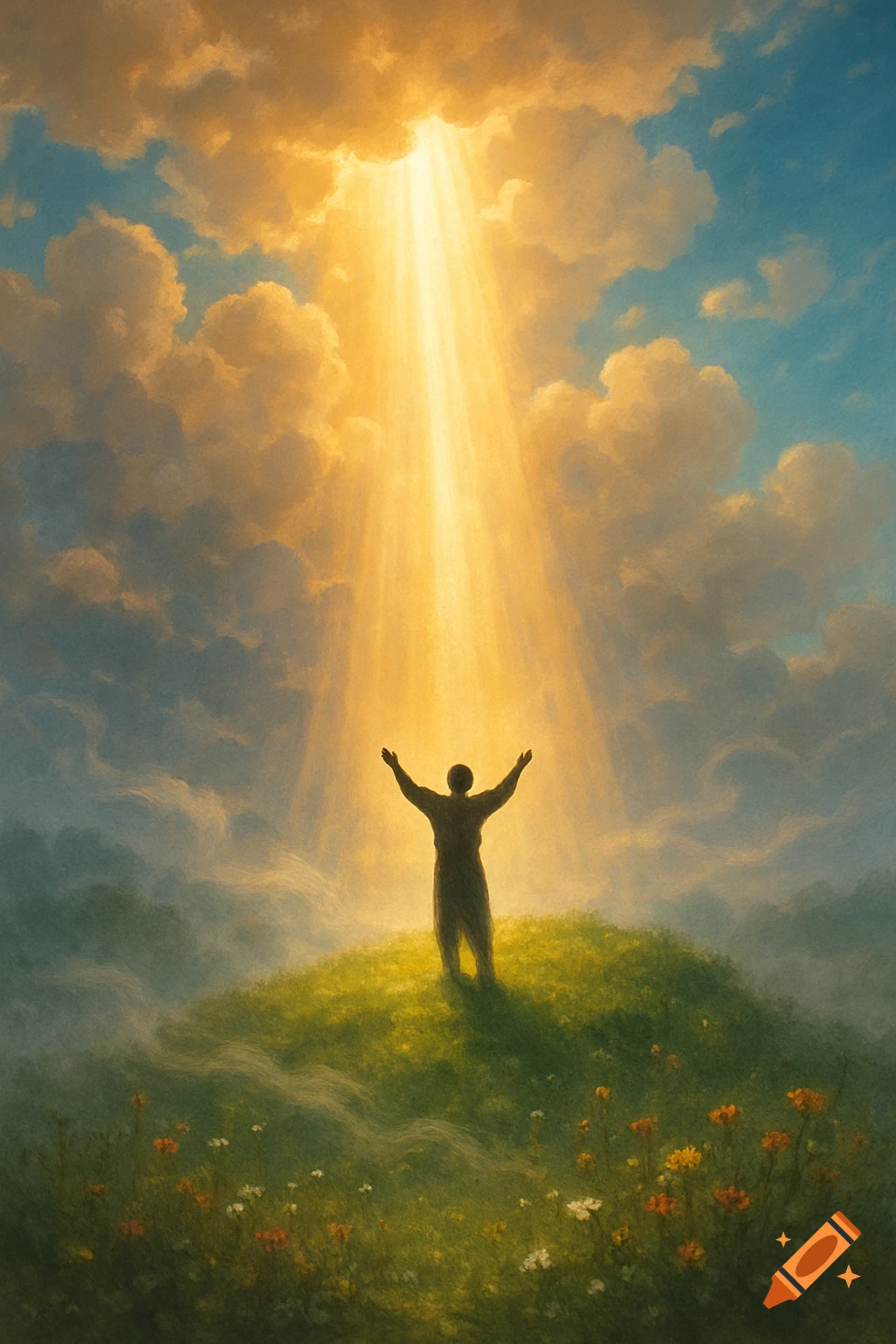Person with raised arms on a grassy hill under golden light rays from a dramatic sky, digital painting.