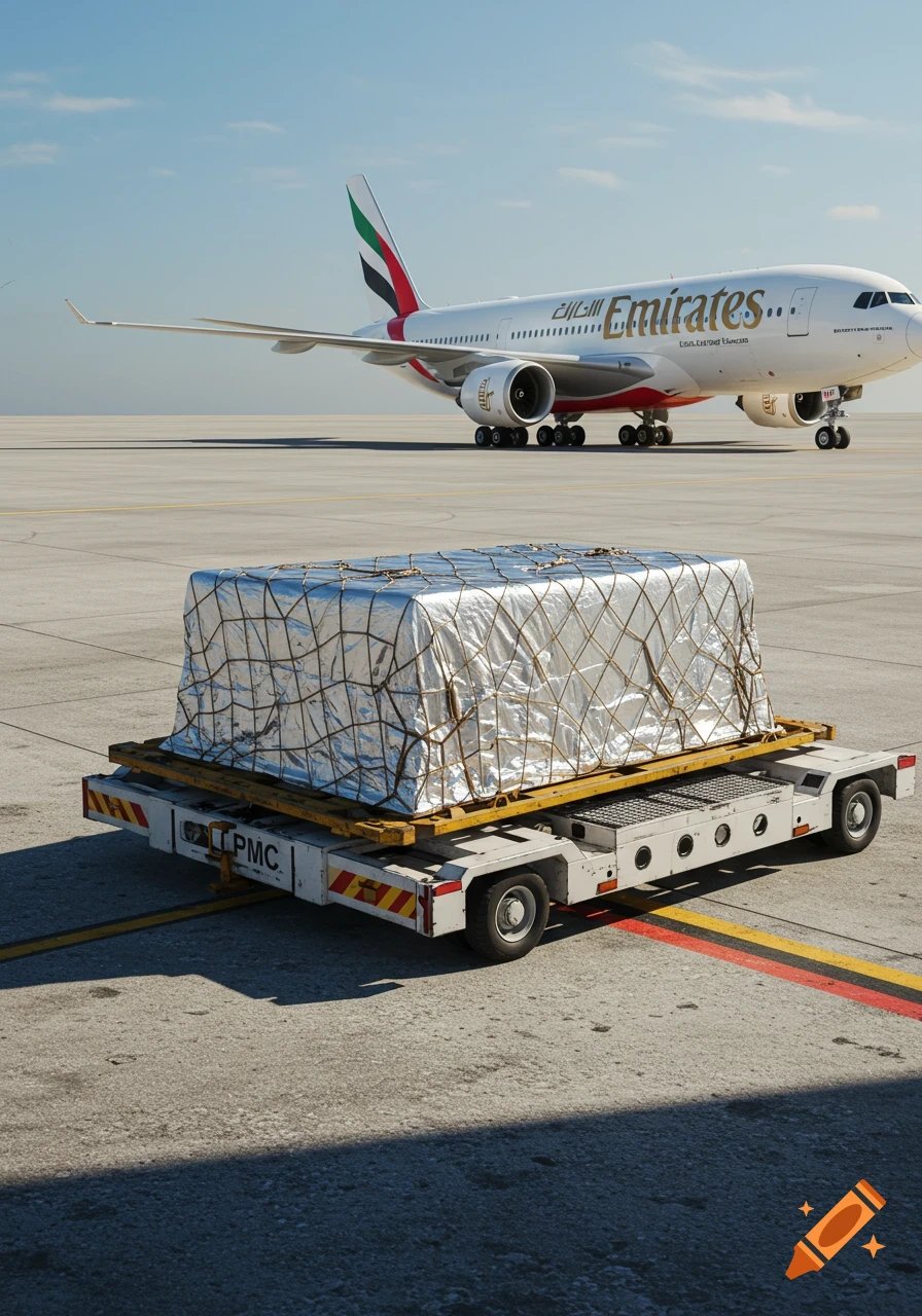 A photorealistic image of an Emirates airplane on an airport tarmac, with a silver cargo pallet on a cart in the foreground.