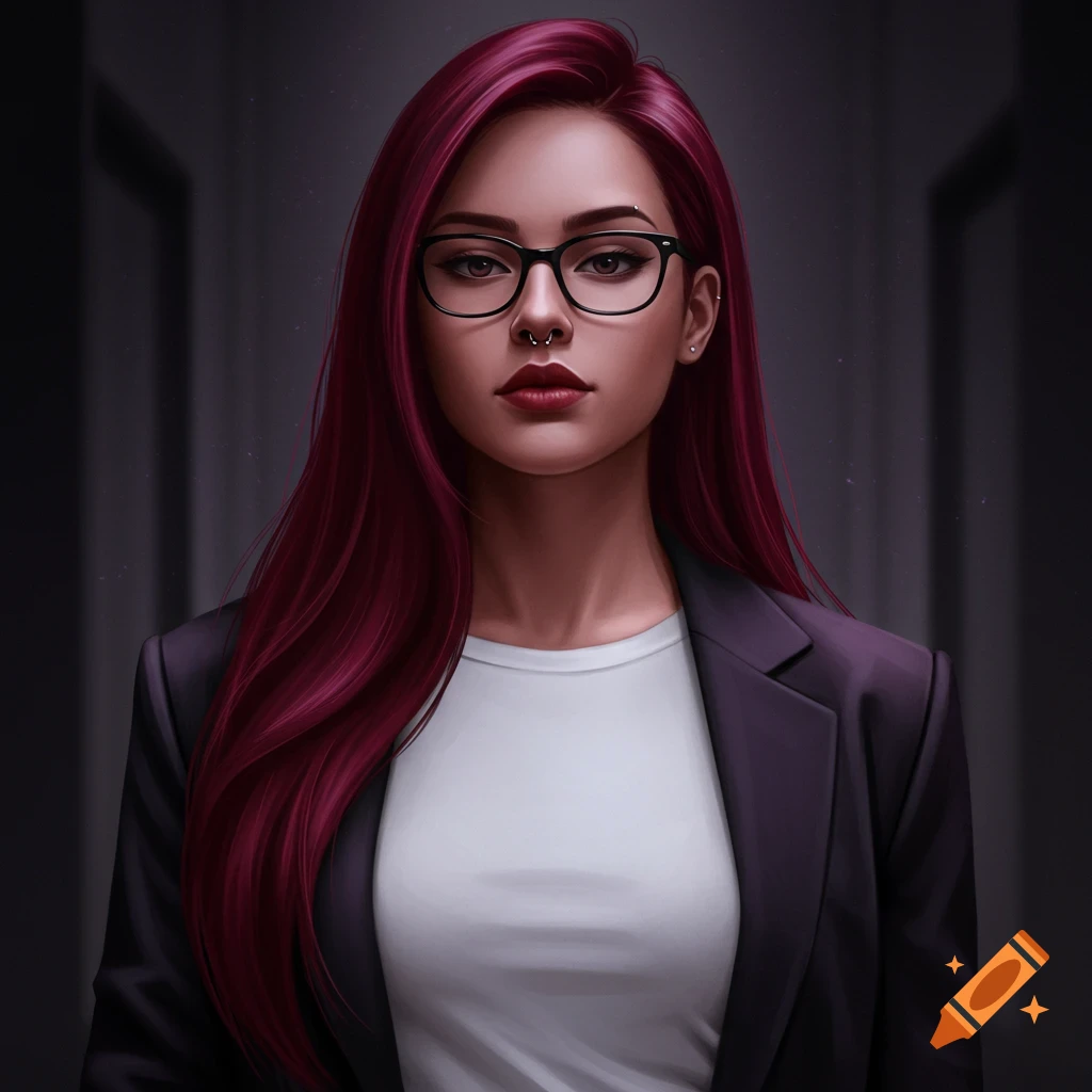 A digital art portrait of a woman with long red hair, black glasses, a nose piercing, wearing a white shirt and a dark suit jacket.