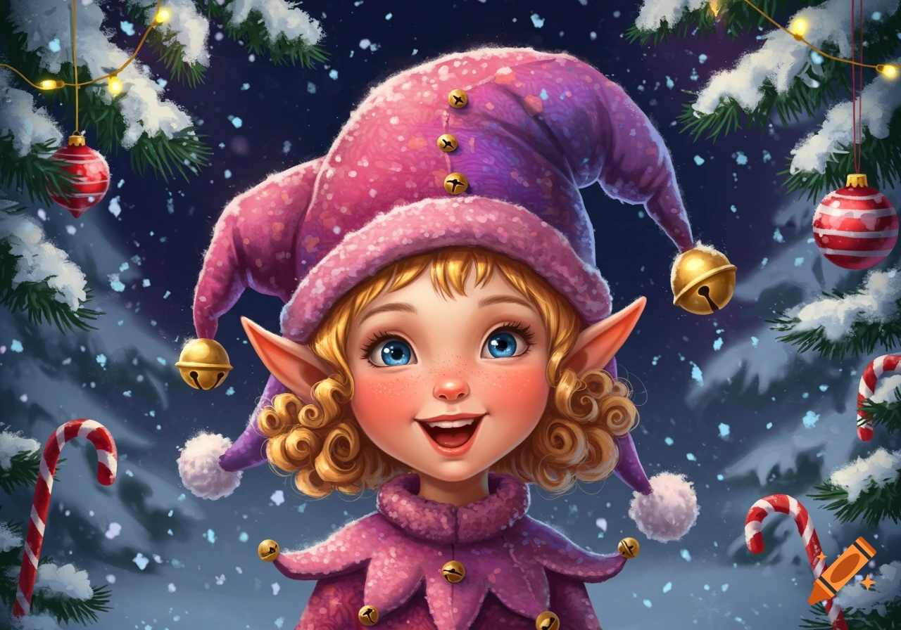 A cute blonde Christmas elf with blue eyes and pointy ears, wearing a pink and purple jester hat, smiles in a snowy festive scene.