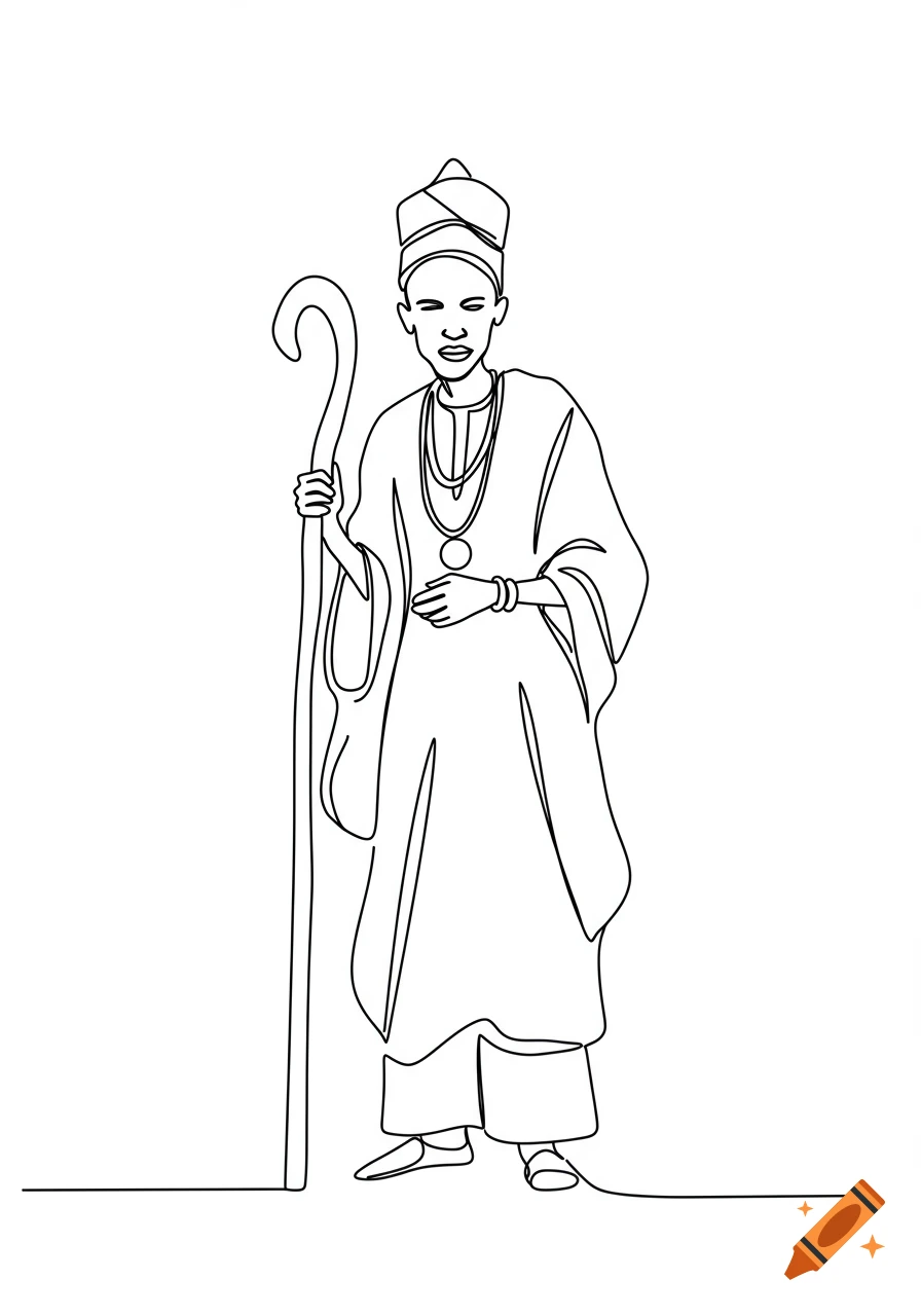 Minimal line art drawing of an elder Yoruba person in a fila hat, holding a curved staff.