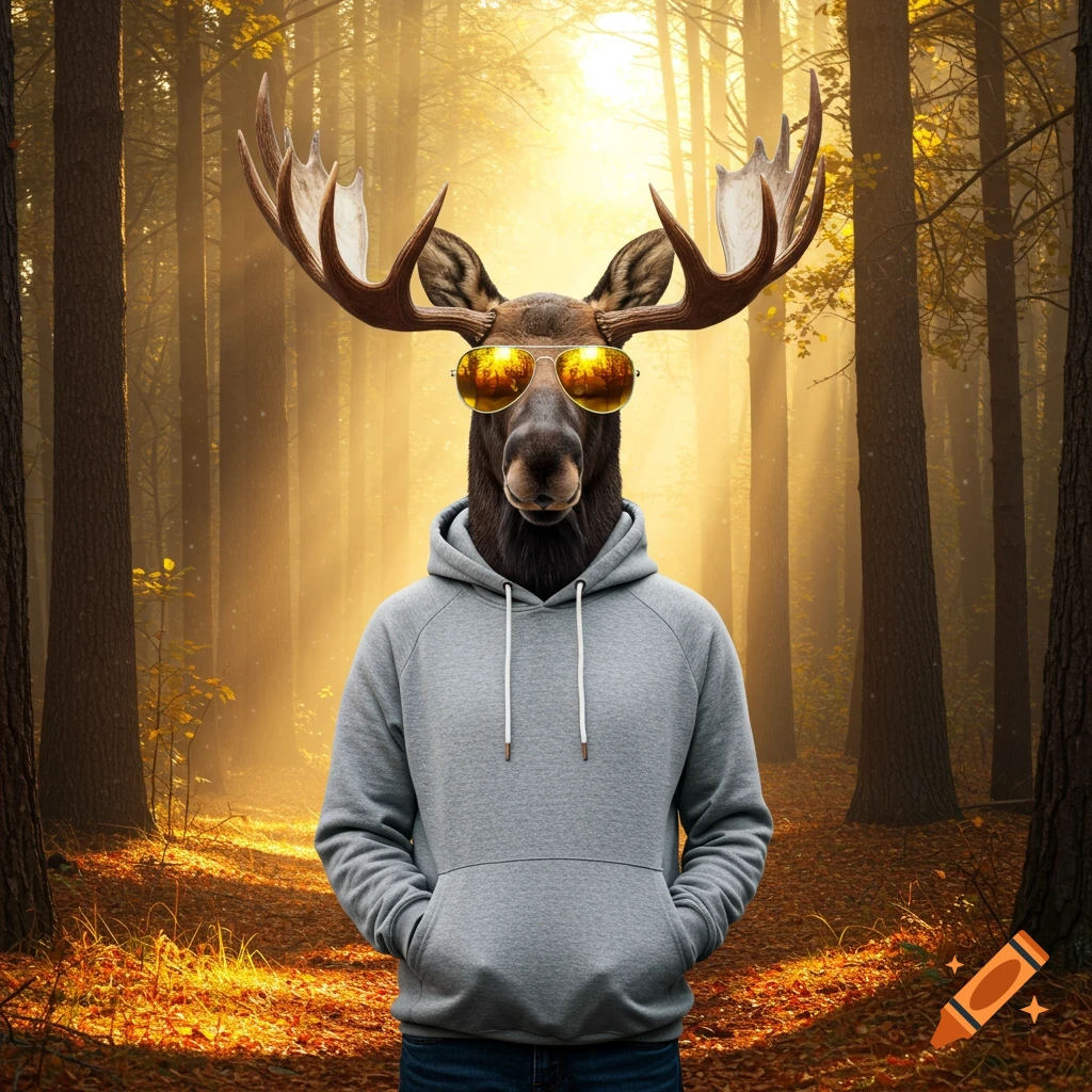 A photorealistic moose wearing a grey hoodie and yellow-tinted sunglasses stands in a sunlit forest.