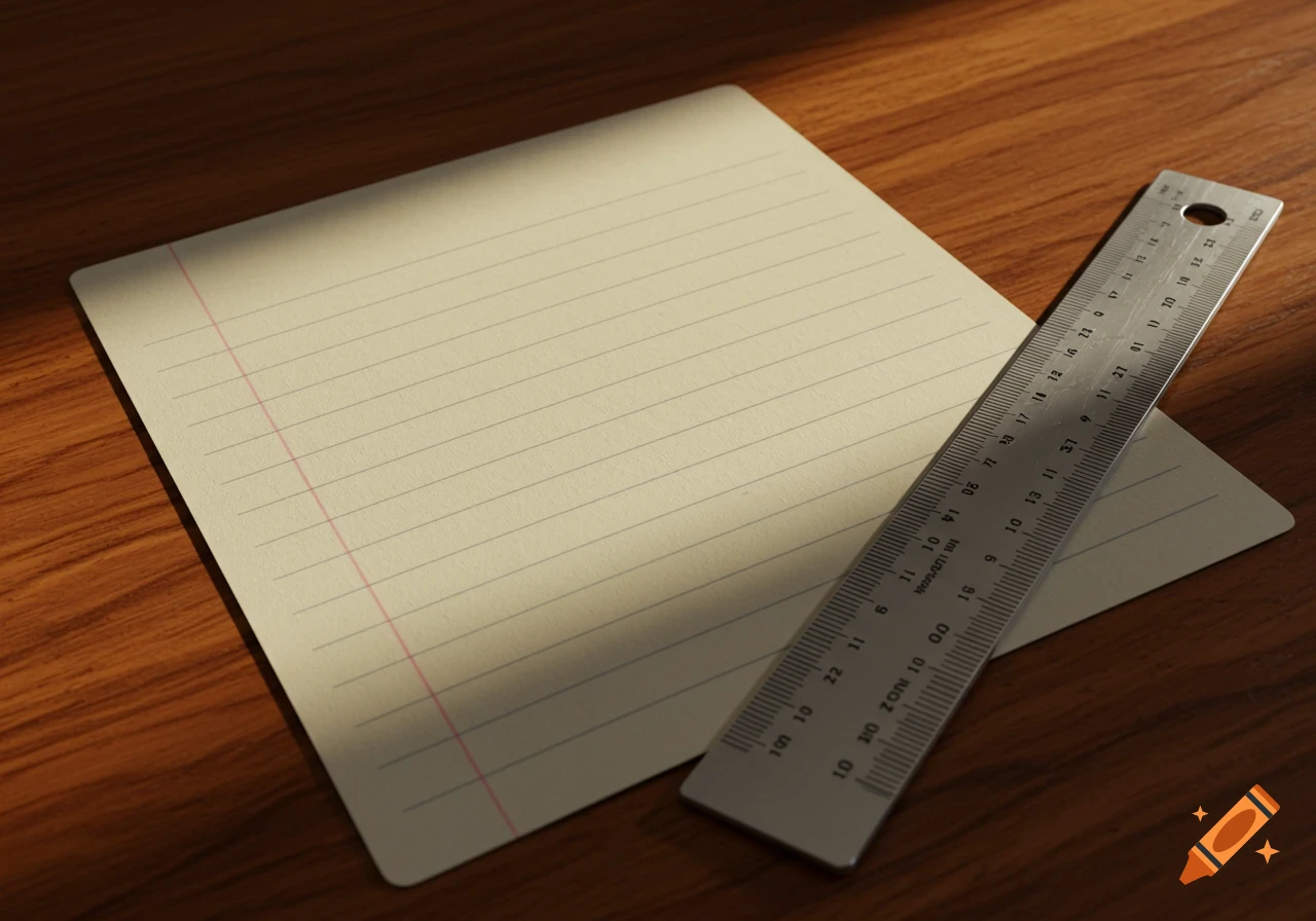 A lined notecard and a metal ruler lie on a wooden desk, illuminated by sunlight.